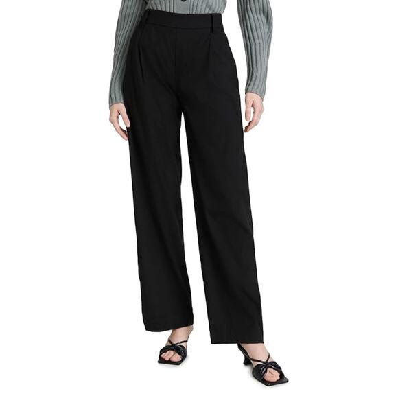 Vince Pants Womens Large Black Linen Blend Straight Leg Pleated Pull On Preppy